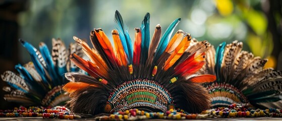Native American headdresses displaying vibrant feathers and intricate beadwork represent cultural heritage and artistic expression.