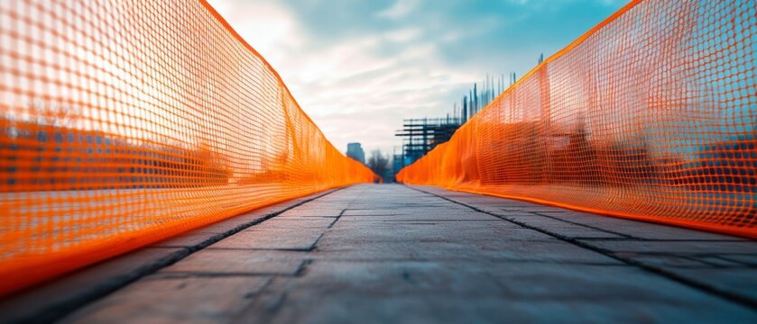 Construction site shows ongoing construction with orange safety fence dividing concrete pavement, indicating safety concerns and ongoing progress