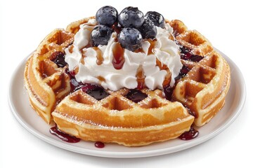 A waffle with whipped cream, syrup, and blueberries on a white plate view