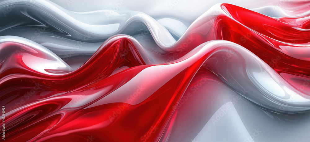 Poster abstract red and white fluid waves creating dynamic texture and depth.
