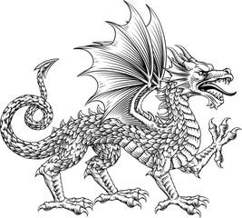 Plakat A stylised heraldry coat of arms crest style dragon in passant walking pose in a vintage woodcut style