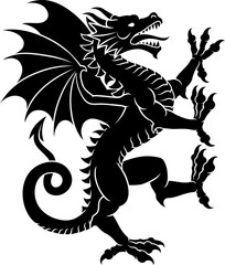 A stylised heraldry coat of arms crest style dragon standing rampant on hind legs pose
