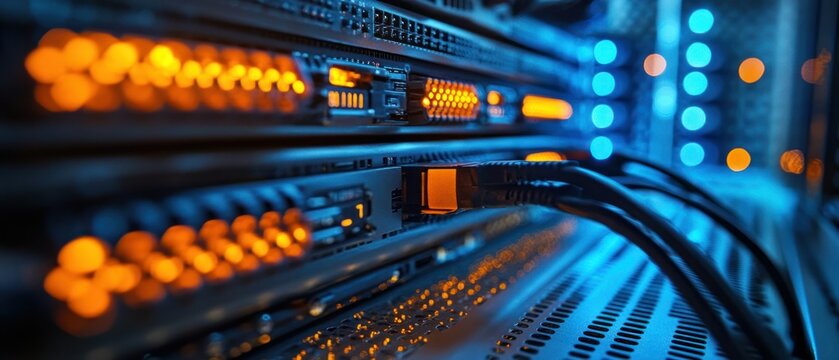 Network switches connect with ethernet cables in server rack, indicating data flow and connection.
