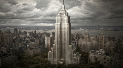 Naklejka premium Gotham's Majesty Timeless Architecture New York City Skyline Against Dramatic Sky Urban Panorama Iconic Building Monochrome Grandiose