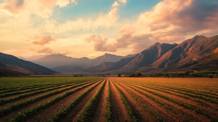 Fototapeta premium Serene Sunset Over Agricultural Fields and Majestic Mountains