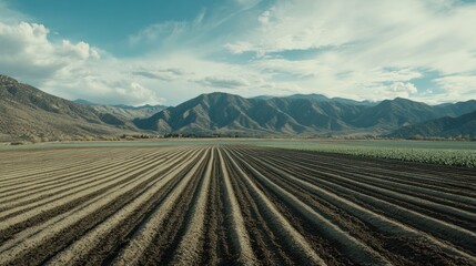 Serene Agricultural Landscape: Mountains and Cultivated Fields