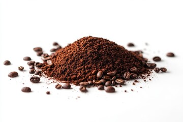 A mound of ground coffee with scattered beans on a bright white surface