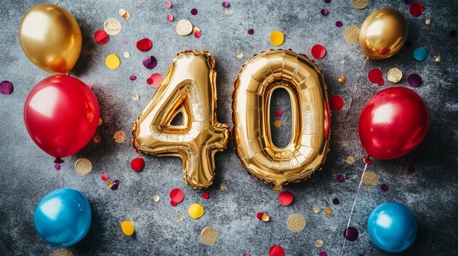 Golden number 40 balloon with festive balloons and colorful confetti celebrating a 40th birthday