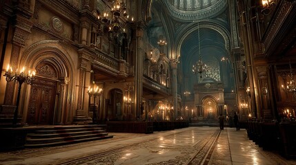 Fototapeta premium The solemn beauty of a Jewish synagogue, with its ornate Ark and the soft glow of candlelight.