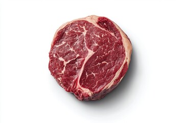 Obraz premium Close up view of a raw ribeye steak on a white surface in bright light