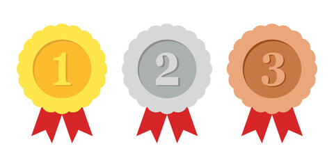 Set of gold, silver and bronze medals. First, second and third place award.