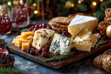 A festive cheese board with various cheeses, crackers, grapes, and cranberries. Perfect for a holiday gathering!