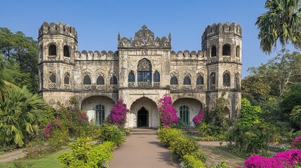 Fototapeta premium Majestic architecture of an indian palace a cultural treasure with blooming gardens heritage landmark with stone facade and historical significance