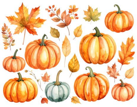 Autumn Harvest Watercolor Pumpkins and Leaves Collection