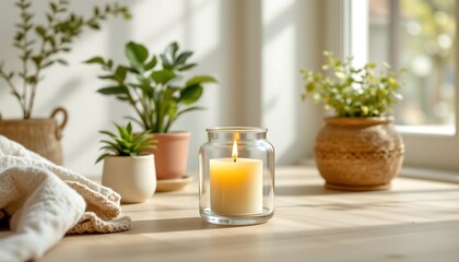 a clear glass candle jar mockup, featuring a burning candle with a soft, flickering flame in a bright, airy room