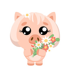 Cute Pig with Flowers, Kawaii Animal Illustration for Kids