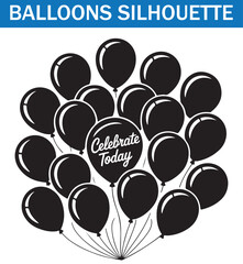 A collection silhouette of black balloons in various shapes, including heart-shaped balloons, scattered in a minimalist style, perfect for celebration and party themes.