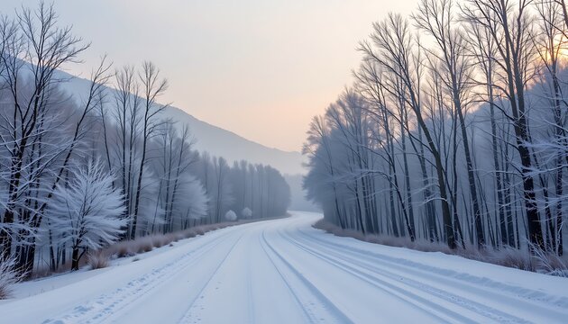 a serene winter road background, featuring a snow covered path winding through a forest of bare trees under a pale, frosty sky