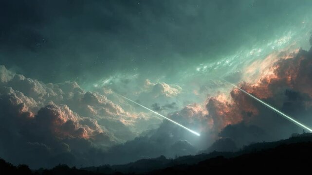Shooting stars over cloudy night sky