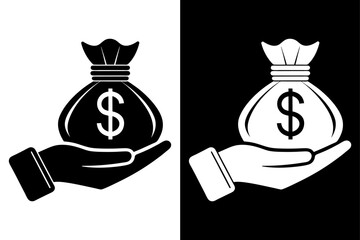 Money in Hand Silhouette Vector Icon Black and White Minimalist Design.