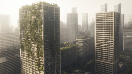 Fototapeta premium Urban Ecology A Post Apocalyptic Cityscape with Buildings Covered in Greenery Reclaiming the concrete jungle for a Sustainable world