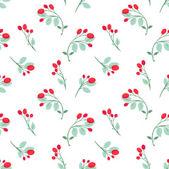 Seamless vector pattern with delicate berry branches on a white background. Red and green hues create an elegant botanical design, perfect for textiles, wallpapers, packaging, and stationery