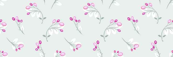 Seamless floral pattern featuring delicate branches with pink berries and soft gray leaves on a light pastel background. Perfect for textiles, wallpapers, packaging, invitations, and elegant designs.
