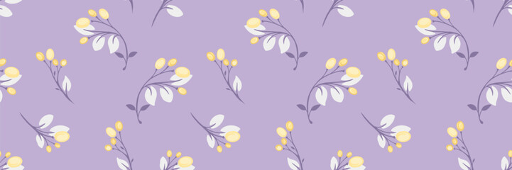 Seamless floral pattern featuring delicate branches with berries and leaves on a pastel purple, violet, lavender background. Perfect for textiles, wallpapers, packaging, invitations, elegant designs