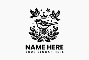 Obraz premium Vintage sparrow with royal crown and botanical flower detailing in ornate vector logo, representing timeless elegance, heritage, and classic beauty 
