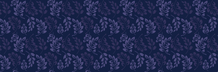 Seamless vector pattern featuring stylized botanical branches with abstract leaves in shades of blue and navy on a deep dark background. Plain ornament print for textiles, wallpapers, packaging