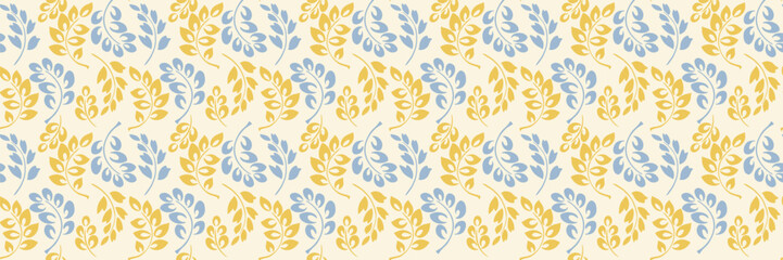 Seamless vector pattern featuring stylized botanical branches with abstract leaves in shades of blue and yellow on a light background. Simple ornament for textiles, wallpapers, packaging, branding