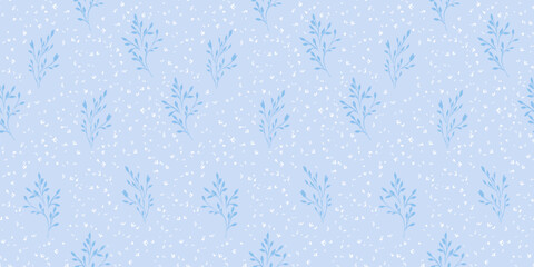 Seamless vector pattern with elegant  botanical branches and tiny floral accents on a pastel blue background. Perfect for textiles, wallpapers, gift wrap, stationery, branding, summer decor
