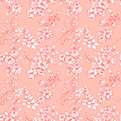 Seamless vintage floral vector pattern with blooming flowers, delicate branches, and leaves in white and orange on a light coral  background. Ideal for fabric, wallpaper, packaging, summer designs