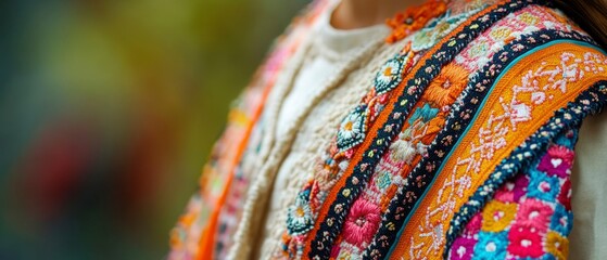 Shoulder displays Andean textile featuring vibrant embroidery, showcasing intricate patterns and cultural artistry.