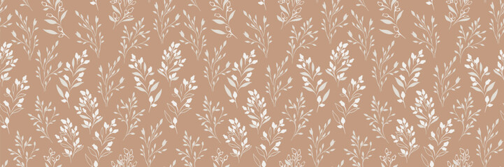 Obraz premium Seamless vector pattern with delicate leafy stems in soft hues on a light beige background. Pastel elegant botanical design, perfect for textiles, wallpapers, packaging, invitations