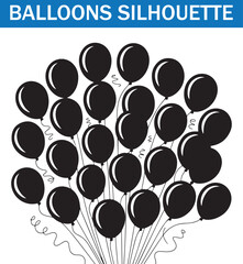 A collection silhouette of black balloons in various shapes, including heart-shaped balloons, scattered in a minimalist style, perfect for celebration and party themes.