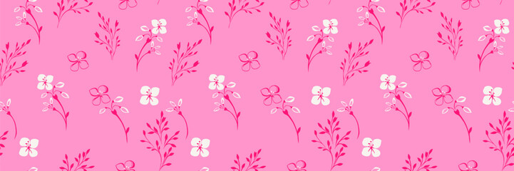 Seamless vector floral pattern with delicate hand drawn tiny stems, little leaves, and small flowers on a bright pink background. Elegant and minimalistic, ideal for fabrics, stationery, wallpapers