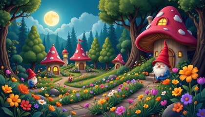 Obraz premium a whimsical illustration of a gnome village nestled in a forest, with tiny mushroom houses glowing under soft moonlight
