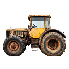 Vintage tractor parked on an agricultural field in rural area under cloudy sky