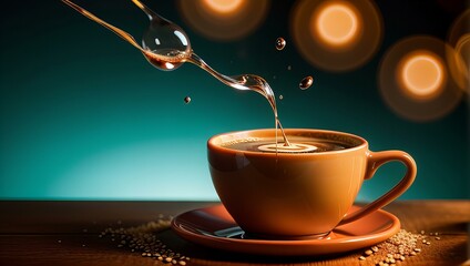 Depicting Vibrant, abstract splash of coffee with dynamic lines and rich colors