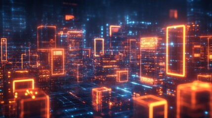 Fototapeta premium Futuristic city composed of glowing cubes and digital data.