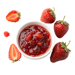 Red strawberry jam on white bowl top view on white background