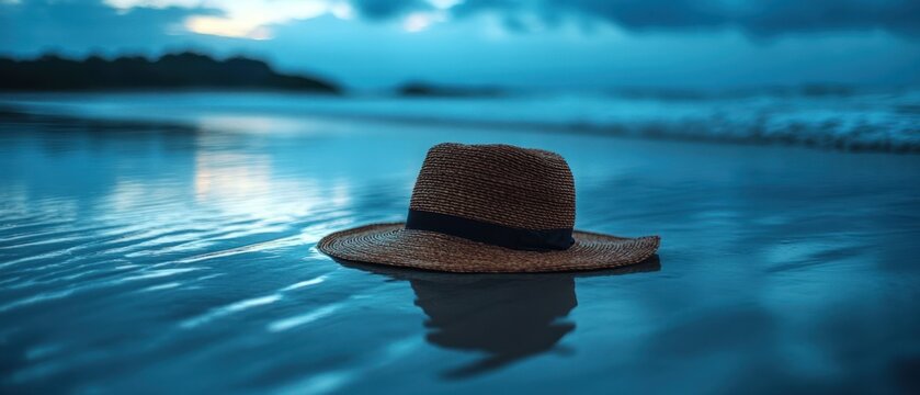 Straw hat rests on ocean water, reflecting light in quiet, somber setting.