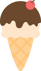 Cute vanilla with chocolate sauce ice cream cone. Flat design illustration.