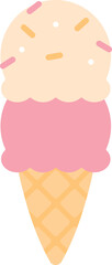 Cute strawberry and vanilla ice cream cone. Flat design illustration.