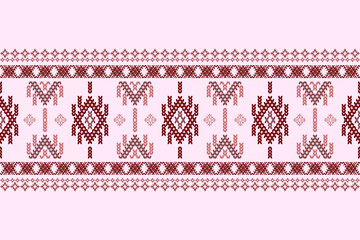 Ikat cross stitch geometric embroidery seamless knitted pattern on damask background. Perfect decorative design for sweater, fabric, decoration, illustration, ornament, texture, textile, interior
