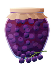 Jam jar with currant. Homemade berries and fruit jam, natural organic product. Breakfast food, sweet fruit dessert vector illustration. Winter pot on white background
