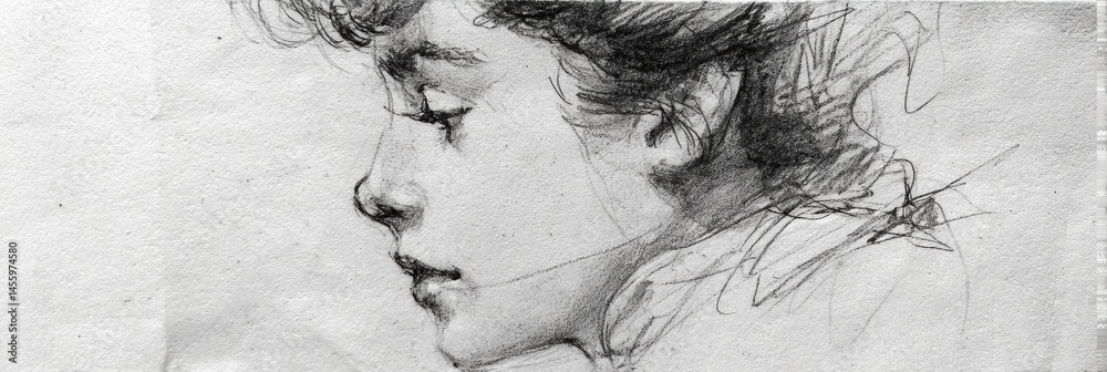 Poster Pencil Sketch of a Womans Profile Capturing Delicate Details on Textured Paper With Soft Shading and Intricate Lines Generative AI