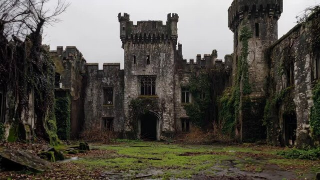 The castle is old and abandoned, with ivy growing on the walls. The courtyard is empty and the grass is wet