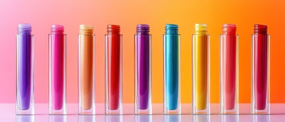 Obraz premium Row of assorted colored lip gloss tubes presents vibrant spectrum against soft gradient backdrop, showcasing beauty products.